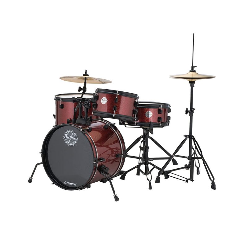 Ludwig Jr. Drum Set Pocket Kit by Questlove Complete with Hardware, Cymbals, Throne Wine Red Sparkle