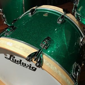 Ludwig Classic Maple Green Sparkle Fab w/ Vintage White Marine Bass Hoop Inlays
