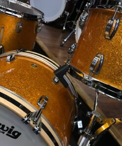 Ludwig Classic Maple Stingray Gold Sparkle three piece Kit With Black Sparkle Bass Hoop Inlays showing tom and hoop detail