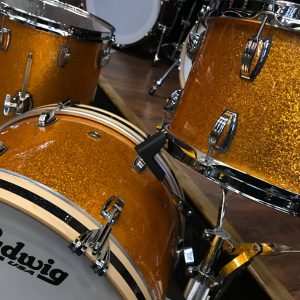 Ludwig Classic Maple Stingray Gold Sparkle three piece Kit With Black Sparkle Bass Hoop Inlays showing tom and hoop detail