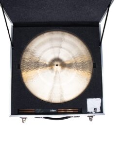 Armand Limited 20-inch Zildjian ride cymbal with case, drumsticks, and white gloves