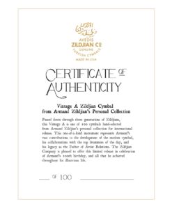 Zildjian cymbals Armand Zildjian 100th 20 in. Vintage A Limited Edition Vault cymbal package Certificate