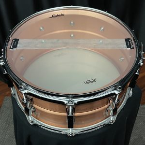 Ludwig brushed copper acro six point five by fourteen inch snare drum inside