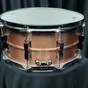 Ludwig brushed copper acro six point five by fourteen inch snare drum butt