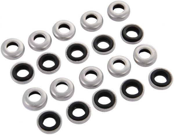 Tama Drums Parts SRW620P Hold Tight Tension Rod Washers 20 Pack. Silver round metal cup with black rubber round cushioned washer inside