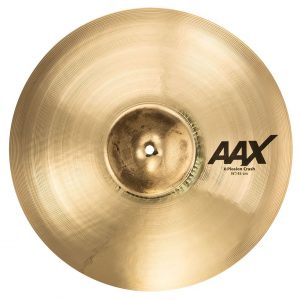 Sabian 18 in AAX X-Plosion Crash Cymbal 21887XB. round shiny brass colored grooved cymbal with black silkscreened aax logo on top