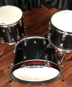 Ludwig Classic Maple Stingray Black Sparkle  twelve inch tom fourteen inch floor tom twenty inch bass Kit Red Sparkle Accent top