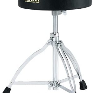 Tama HT130 Vinyl Top Throne. Round black vinyl top. tube style height adjustment. white tam logo on side of seat. chrome bass with 3 legs. tube style height adjustment.