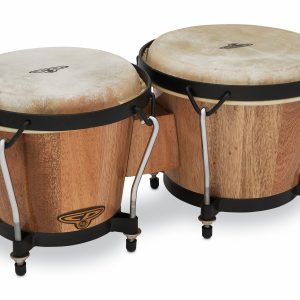 CP221-AW Bongo Pair Natural Finish. small bongos in natural wood finish with black counterhoops chrome bolts and natura skin heads. CP logo sticker on one bongo