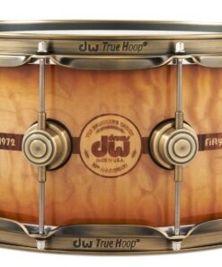 DW 50th Anniversary 6.5x14 Snare Burnt Toast Burst Pre-Order Spruce and Persimmon. laser cut inlays of DW logo and band around center of drum. highly figured finish with lighter center and darker edges. antique bronze appearance on shell hardware.