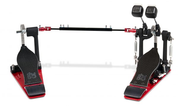 DW 50th Anniversary 5000 Carbon Fiber Double Pedal Pre-Order. Pedal has black carbon fiber footboards with embossed DW 50 logo. Black chassis. baseplates and universal joints are traditional DW red.