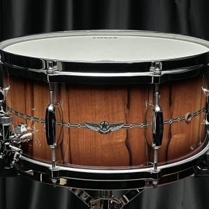 Tama Star Factory Vault 6.5 by 14 Mahogany. Highly figured Tineo wood with vertical woodgrain. chrome shell hardware. lighter center and darker edges. Tama Star logo decal. die-cast hoops.