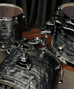 Tama Starclassic Walnut Birch 3pc Charcoal Onyx WBR30RSCCO. finish is a deep gray swirl with chrome shell hardware. 12 tom 14 floor tom with legs 20 bass drum with single tom holder. 12 tom has quick-lock bracket and suspension mount. bass drum has black tama logo on reso head. interiors of drums are dark walnut