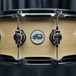 DW Design Series Maple 6x14 Snare Drum in natural wood finish with chrome shell hardware