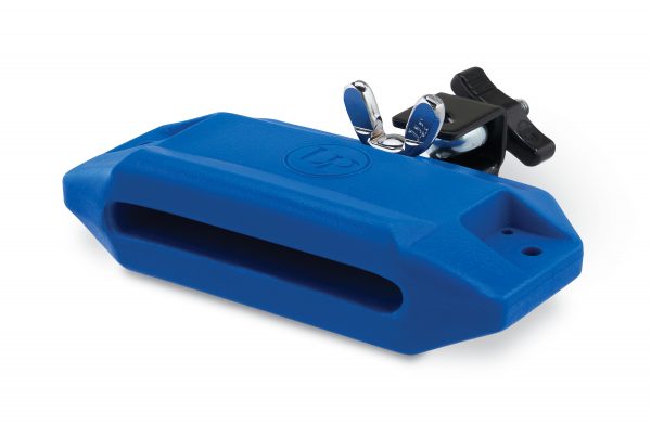 LP High Pitch Jam Block LP1205 is a blue plastic rectangular block with tapered edged and sound hole with black repositionable mounting bracket
