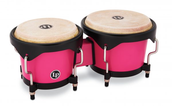 LP Discovery Series Bongo Pair. Pink plastic bongos with black counter hoops and chrome bolts. natural skin heads. small LP badge on one drum