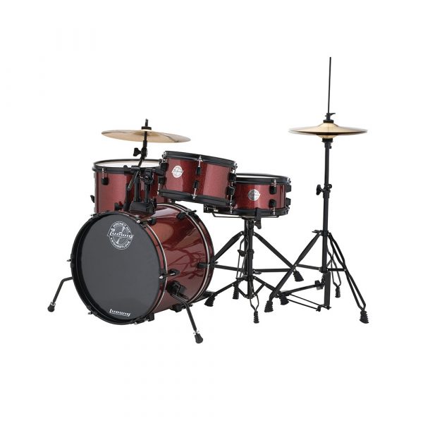 Ludwig Pocket Kit Perfect for ages 4-10. 4 piece complete drum set with mounted tom floor tom bass drum and snare drum. includes mini hi-hats and mini crash/ride cymbal. includes snare stand tom arm cymbal arm throne hi-hat stand bass drum pedal. finish is wine red sparkle and all hardware on shell and stands is black