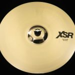 Sabian XSR 18 in. Fast Crash. round shiny brass colored cymbal with black silkscreened xsr logo on top.
