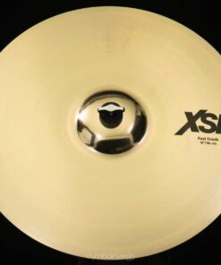 Sabian XSR 18 in. Fast Crash. round shiny brass colored cymbal with black silkscreened xsr logo on top.