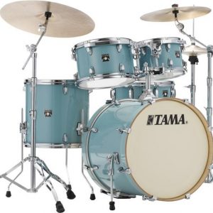 Tama CL52KSLEG 5 piece drum set in light emerald blue green lacquer finish. 10 tom 12 tom 16 floor tom with legs 22 bass drum. 14 snare drum. chrome shell hardware. Includes double tom holder. bass reso head has black tama logo