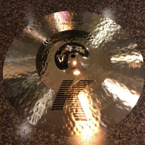 Zildjian Used K Custom Hybrid 17-inch crash cymbal. lathed outside with hammered inside near bell. Zildjian and k black silkscreened logos on top with some fingerprints