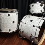 Drum Workshop Performance Series Maple White Marine Pearl 3 piece drum 12 tom 14 floor tom with legs 20 bass drum. chrome shell hardware