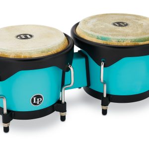 LP Discovery Series Bongo Pair. aqua blue plastic bongos with black counter hoops and chrome bolts. natural skin heads. small LP badge on one drum