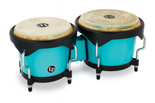 L.P. Discovery Series Bongo Pair. aqua blue plastic bongos with black counter hoops and chrome bolts. natural skin heads. small LP badge on one drum