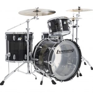 Ludwig Limited Edition 50th Anniversary Vistalite acrylic drum set. 13 tom 16 floor tom with legs 22 bass drum. smoke acrylic center with black sparkle acrylic edges. chrome shell hardware. clear heads. ludwig logo on bass reso head