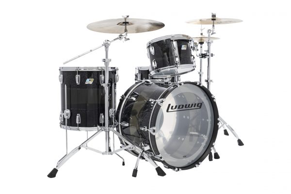 Ludwig Limited Edition 50th Anniversary Vistalite acrylic drum set. 13 tom 16 floor tom with legs 22 bass drum. smoke acrylic center with black sparkle acrylic edges. chrome shell hardware. clear heads. ludwig logo on bass reso head