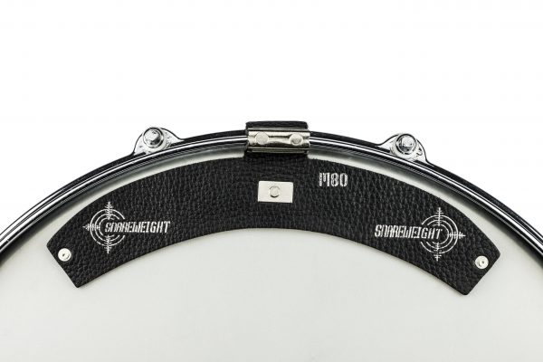 Snareweight M80 Black adjustable leather drum mute with silver print and silver clip