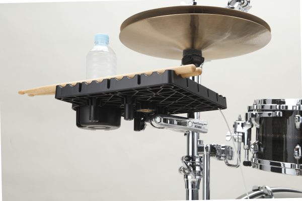Tama TAT10 accessory tray shown in use on hi hat stand bottom view.