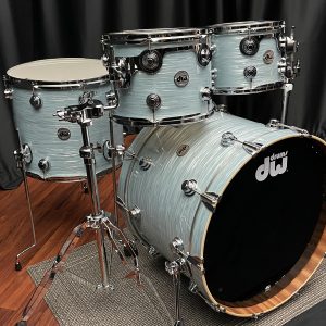 DW Collector's Series Maple Mahogany 4pc set in Pale Blue Oyster front three quarter