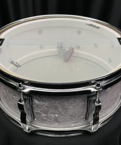 Ludwig Jazz Fest 5.5x14 snare drum in white marine pearl finish. Legacy Mahogany shell. Snare side view.