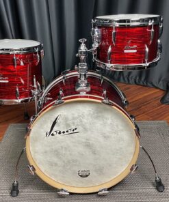 Sonor Vintage Series in Vintage Red Oyster eight by twelve tom twelve by fourteen floor tom fourteen by twenty bass drum logo head on bass