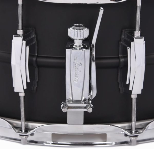 Ludwig Black Beauty six point five by fourteen brass snare drum in flat black finish snare throw off