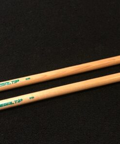 regal tip wood drumsticks in two bee size with natural gloss finish and green silkscreen logo showing full pair