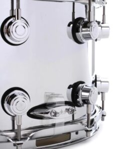 Drum Workshop Performance Series Chrome Over Steel eight by fourteen inch snare drum showing snare butt