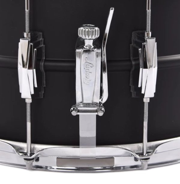 Ludwig eight by fourteen black beauty snare drum in a flat black finish showing snare throw off