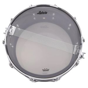 Ludwig eight by fourteen black beauty snare drum in a flat black finish showing interior