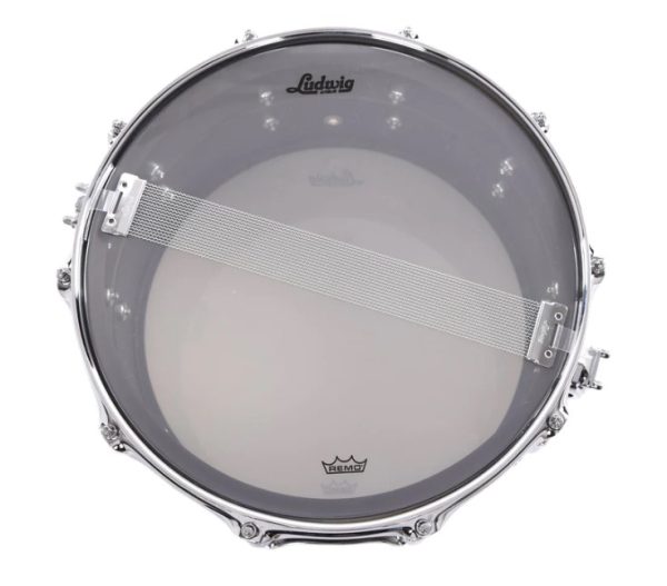 Ludwig eight by fourteen black beauty snare drum in a flat black finish showing interior