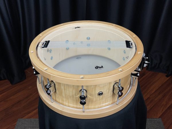 Pacific drum company six point five by fourteen inch concept maple snare drum with maple counterhoops in a natural maple finish snare side