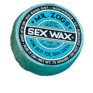 Mr. Zog's sex wax drumstick grip enhancer seventy five gram disc aqua colored