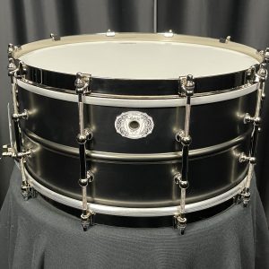 ludwig black beauty satin deluxe snare drum brass with black nickel finish nickel plated hardware tube lugs and single flanged hoops