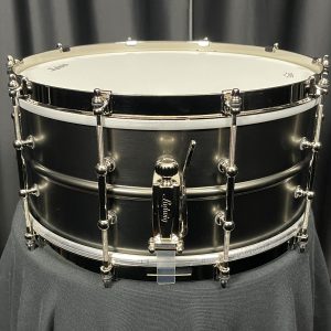 ludwig black beauty satin deluxe snare drum brass with black nickel finish nickel plated hardware tube lugs and single flanged hoops throw off