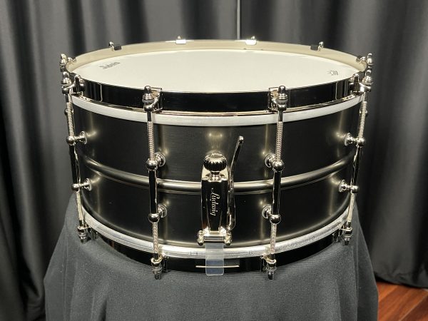 ludwig black beauty satin deluxe snare drum brass with black nickel finish nickel plated hardware tube lugs and single flanged hoops throw off
