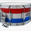 rogers six point five by fourteen inch dyna sonic snare in red white blue sparkle with chrome hardware and clockface throw off