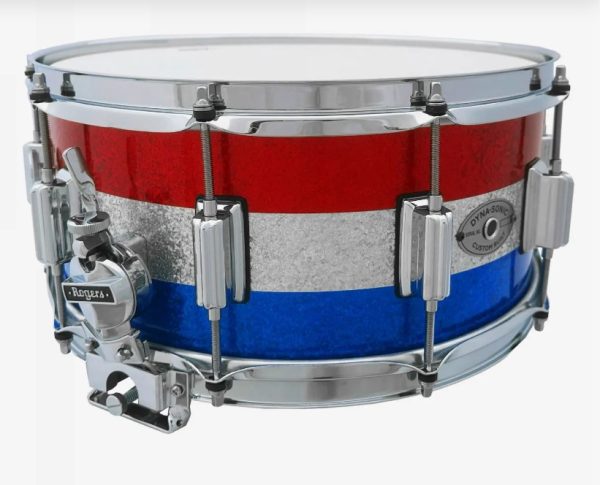 rogers six point five by fourteen inch dyna sonic snare in red white blue sparkle with chrome hardware and clockface throw off