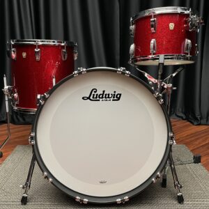 Ludwig U S A red sparkle fab set with thirteen inch tom, sixteen inch floor tom, and twenty two inch bass drum front view