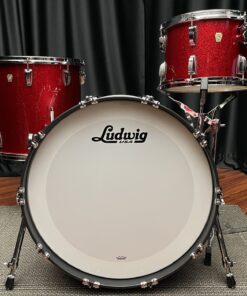 Ludwig U S A red sparkle fab set with thirteen inch tom, sixteen inch floor tom, and twenty two inch bass drum front view